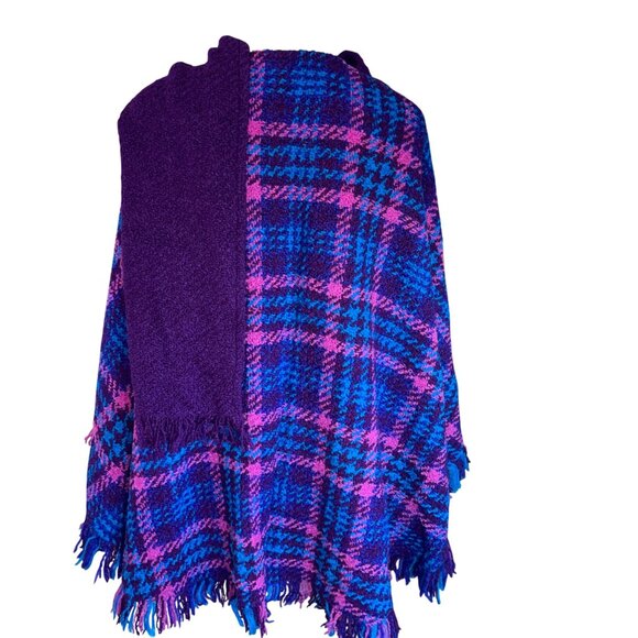 Boyne Valley Weavers Womens One Size Blue Wool Hand Knit Plaid Shawl Poncho - Picture 4 of 11